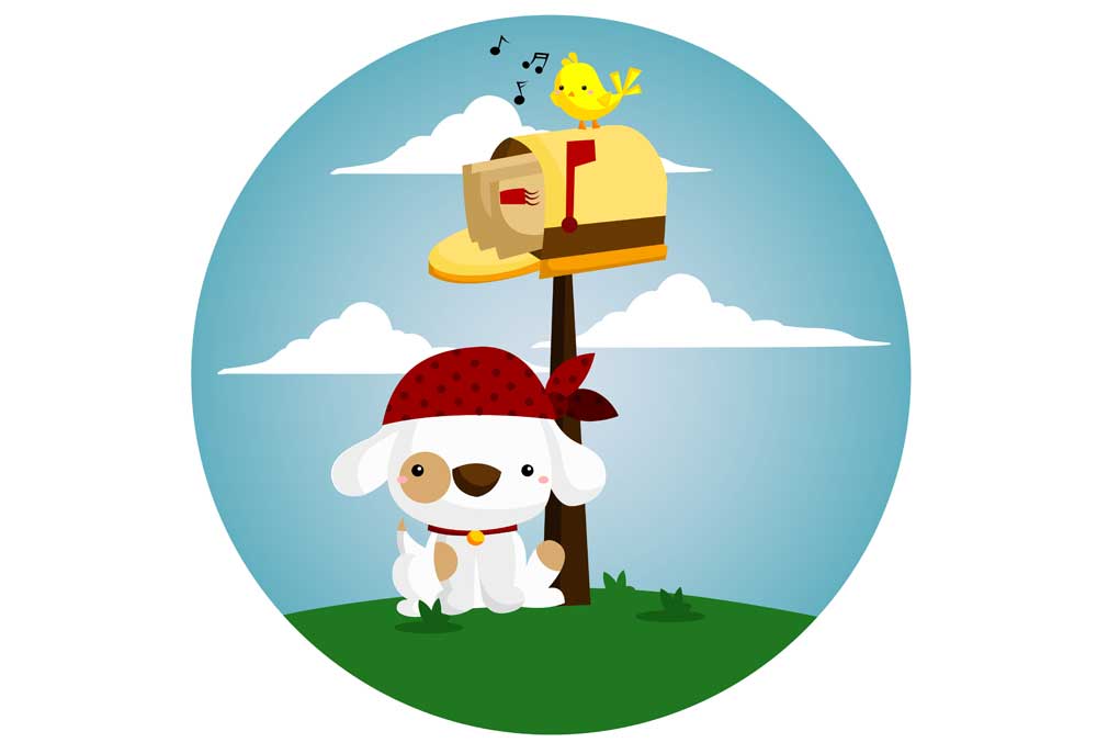 Clip Art of a Dog Waiting Near a Mailbox While a Bird Sings | Stock Dog Pictures Images