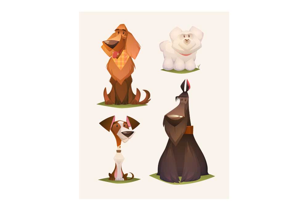 Clip Art of Four Cartoon Dogs Different Breeds | Dog Clip Art Pictures