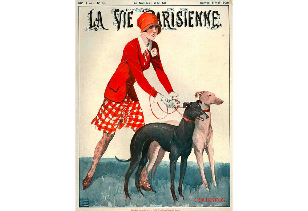 Poster Print of Greyhound Dogs and French Woman Vintage 1928 | Posters Prints of Dogs